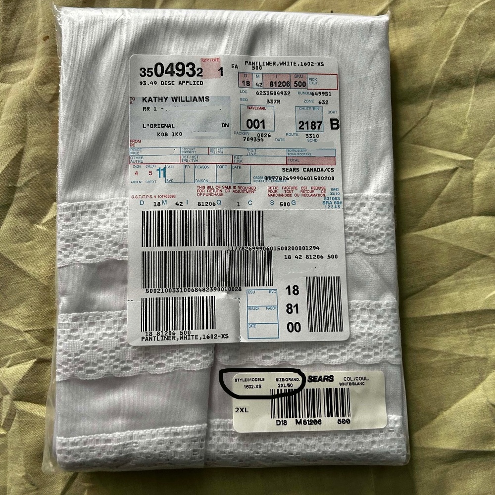 PANTLINER LONG, NYLON WHITE, SIZE 2XL, SEARS, IN ORIGINAL BAG, TAGS ON, NEW NEVE